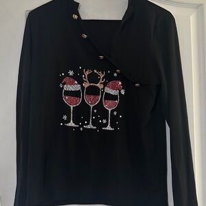 Elegant Black Holiday Top with Wine Glass Design